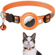 Orange reflective nylon pet collar with waterproof AirTag holder and bell, adjustable for cats and dogs, shown on a cat.
